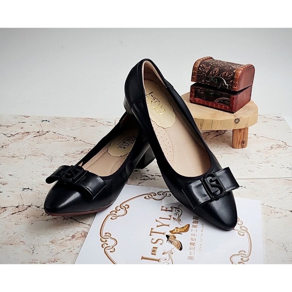 ♀️女：優雅每一步-蝴蝶結尖頭粗跟鞋(杏/黑)-細節圖6