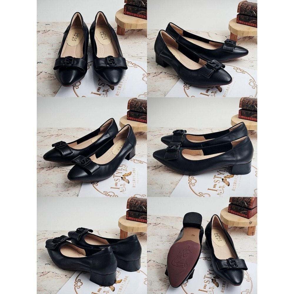 ♀️女：優雅每一步-蝴蝶結尖頭粗跟鞋(杏/黑)-細節圖7