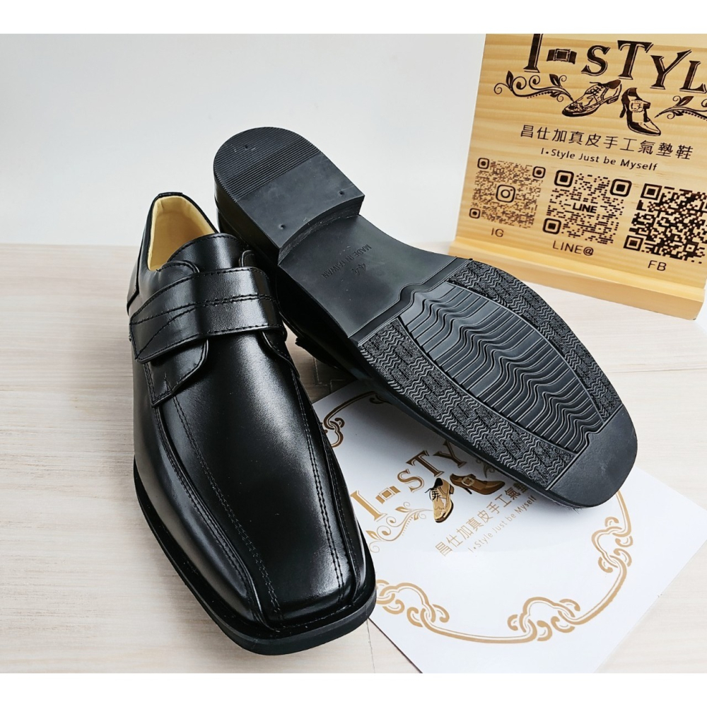 ♂️男：台灣手工-亮面牛皮輕量底黏帶紳士皮鞋(黑)-細節圖7
