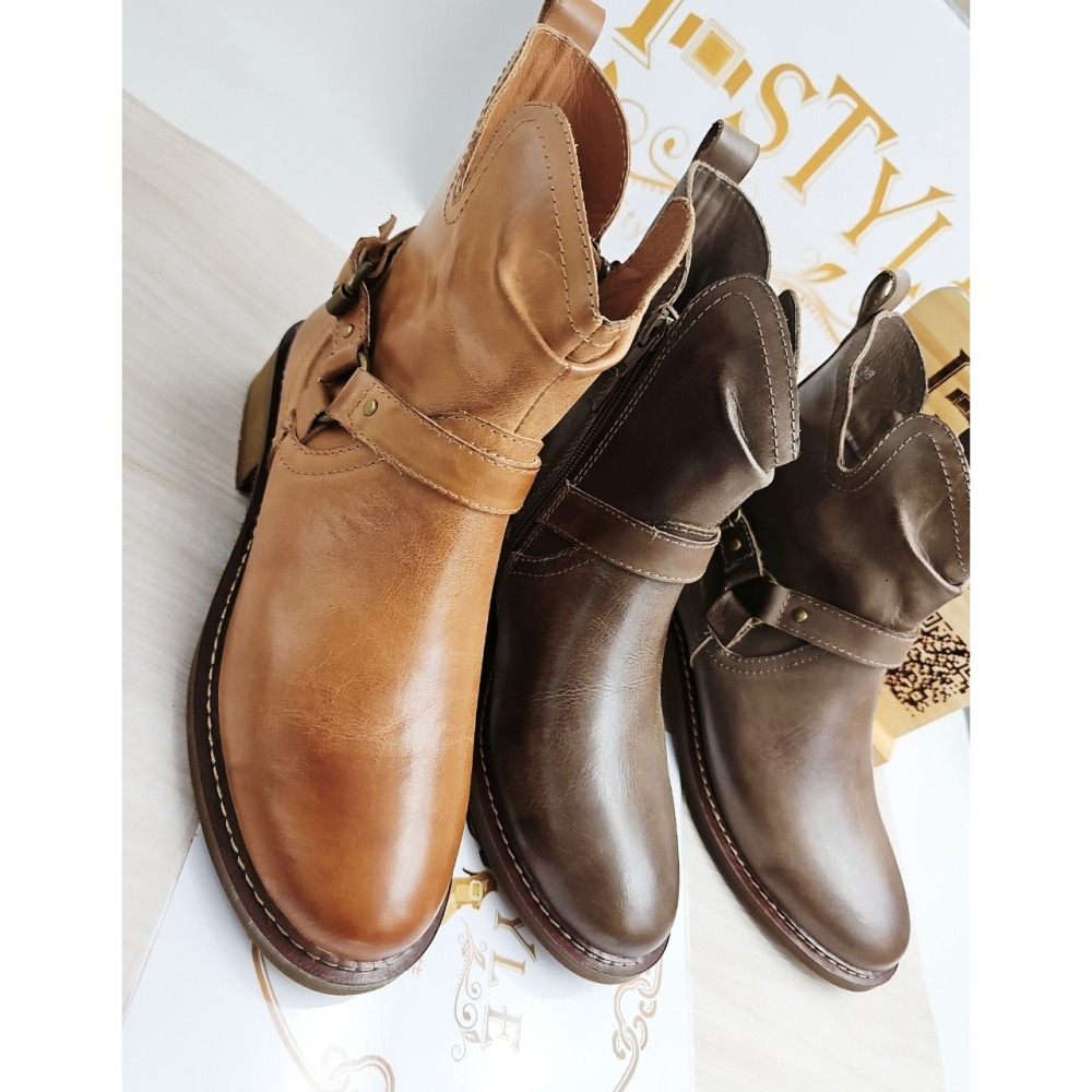 ♀️女：復古拋色頭層本染蠟皮短靴(卡其/棕)-細節圖2