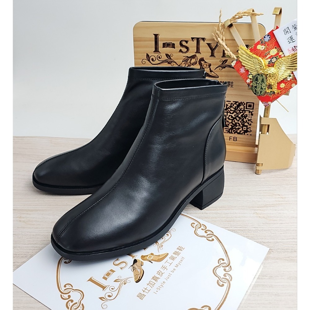 ♀️女：率性時尚小方頭牛皮粗跟短靴(黑/咖)-規格圖11