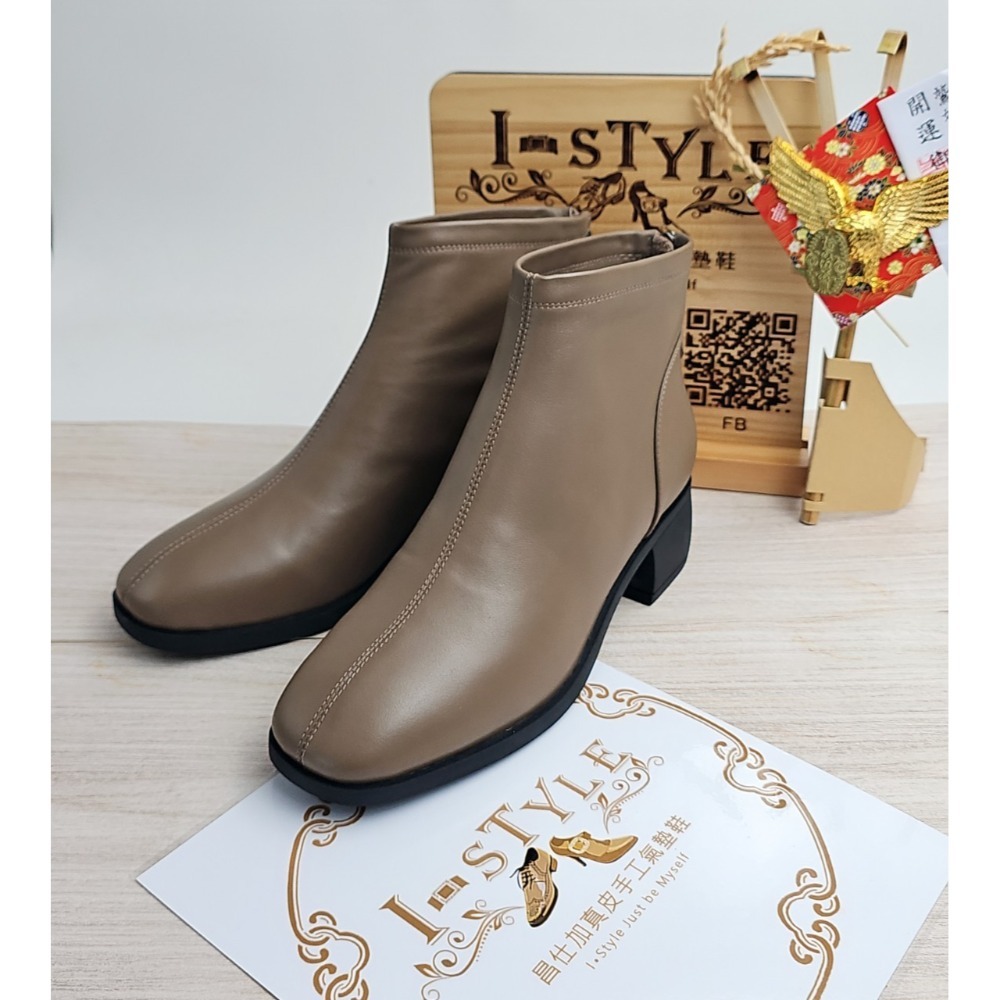 ♀️女：率性時尚小方頭牛皮粗跟短靴(黑/咖)-規格圖11