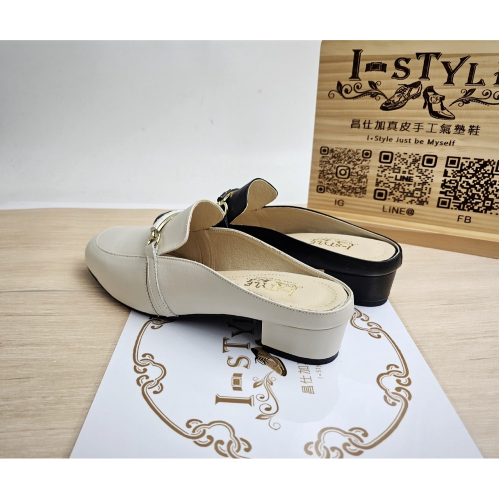 ♀️女：MIT手工竹節釦厚跟穆勒鞋(杏/黑)-細節圖3