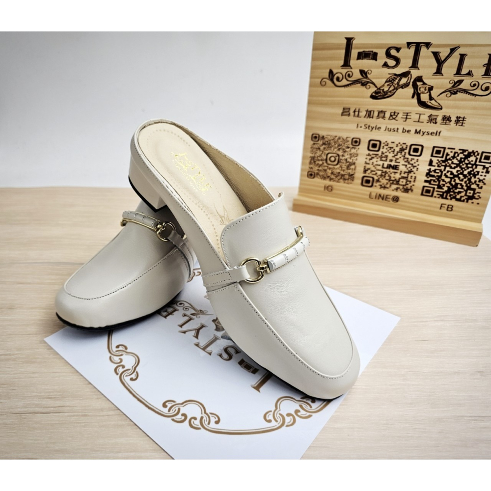 ♀️女：MIT手工竹節釦厚跟穆勒鞋(杏/黑)-細節圖7