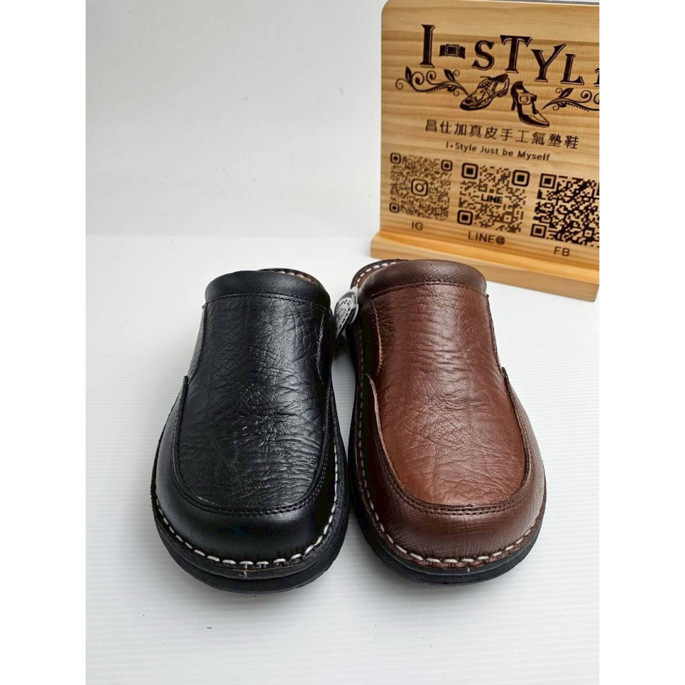 ♂️男：台灣手工縫底全真皮氣墊包頭拖鞋(黑/咖)-細節圖2