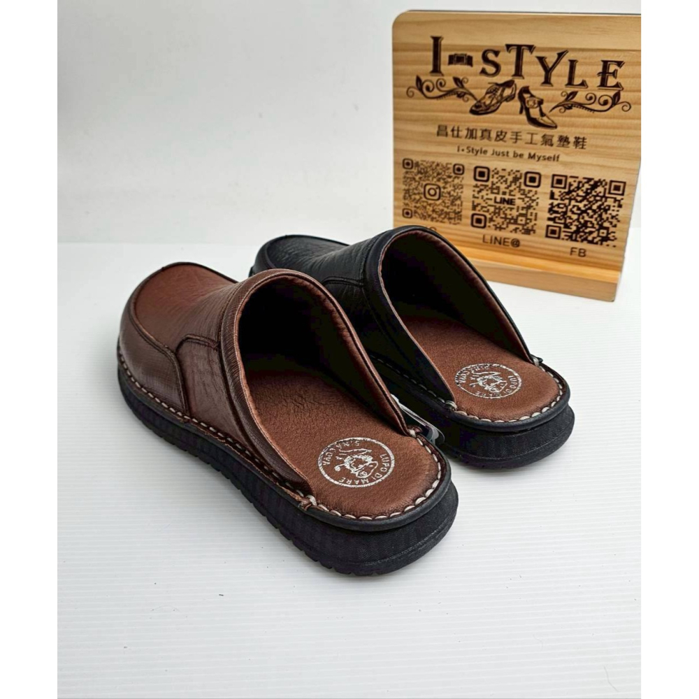 ♂️男：台灣手工縫底全真皮氣墊包頭拖鞋(黑/咖)-細節圖6