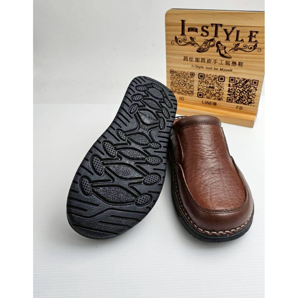 ♂️男：台灣手工縫底全真皮氣墊包頭拖鞋(黑/咖)-細節圖7
