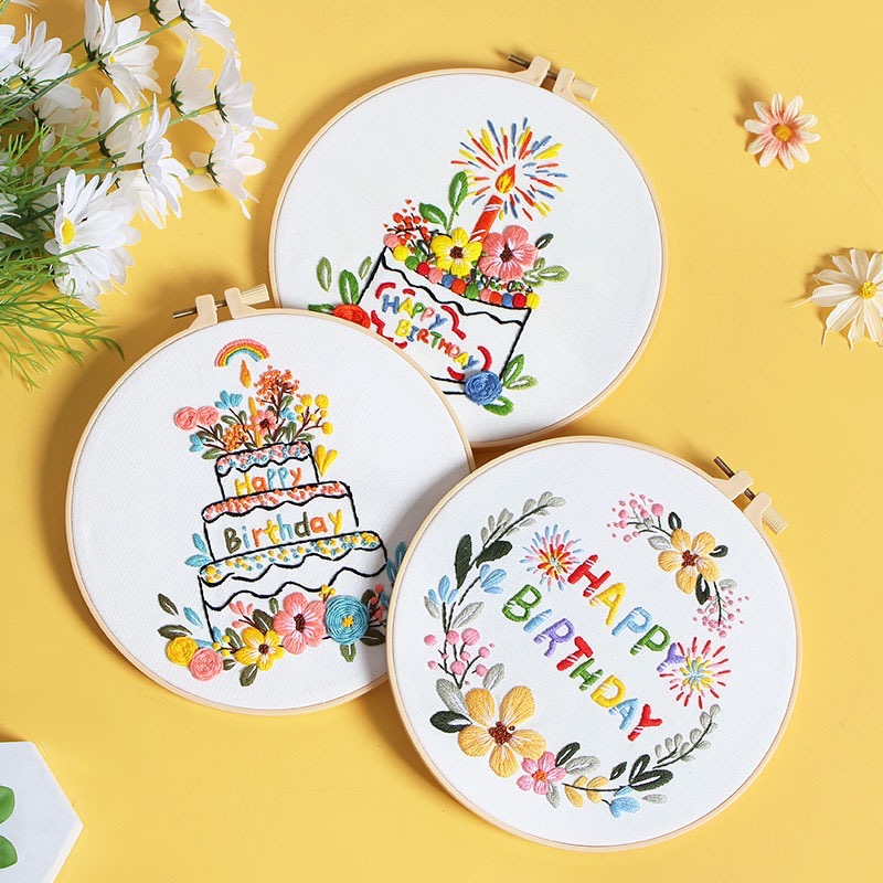 原創新款生日快樂 手工刺繡diy材料包 生日蛋糕蠟燭煙花祝願-細節圖3