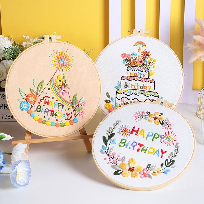 原創新款生日快樂 手工刺繡diy材料包 生日蛋糕蠟燭煙花祝願-細節圖5