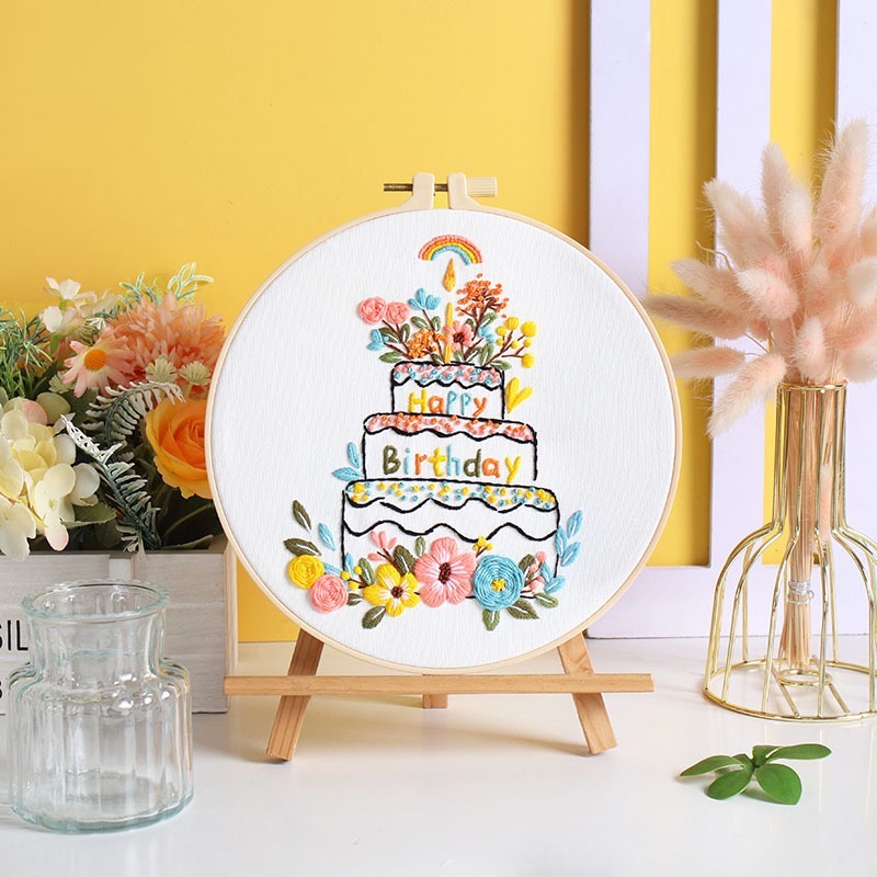 原創新款生日快樂 手工刺繡diy材料包 生日蛋糕蠟燭煙花祝願-規格圖5