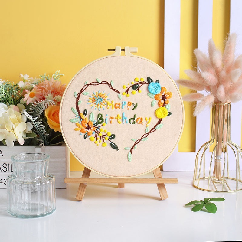 原創新款生日快樂 手工刺繡diy材料包 生日蛋糕蠟燭煙花祝願-規格圖5