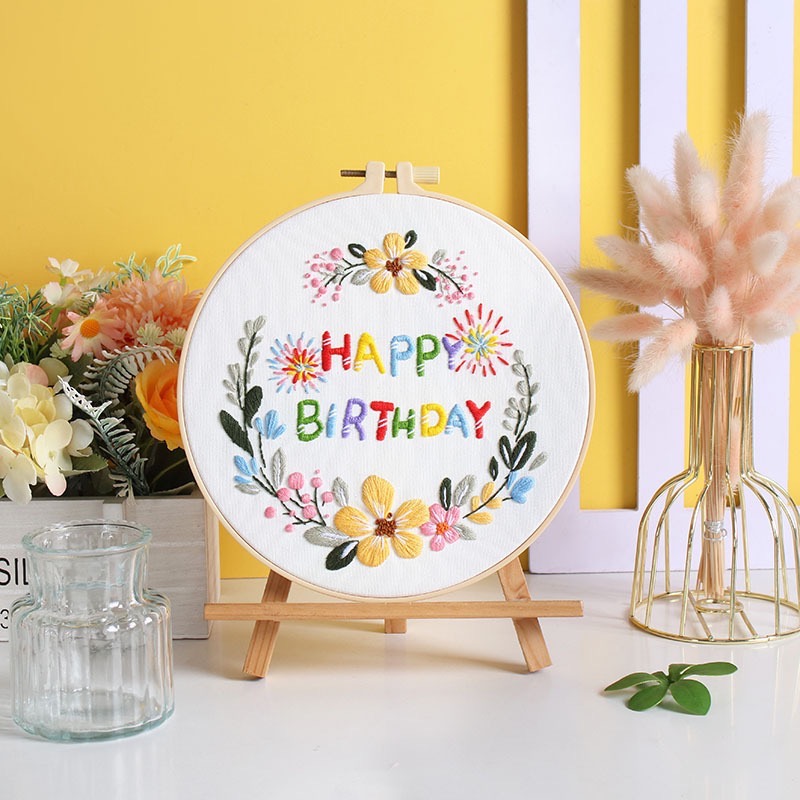 原創新款生日快樂 手工刺繡diy材料包 生日蛋糕蠟燭煙花祝願-規格圖5