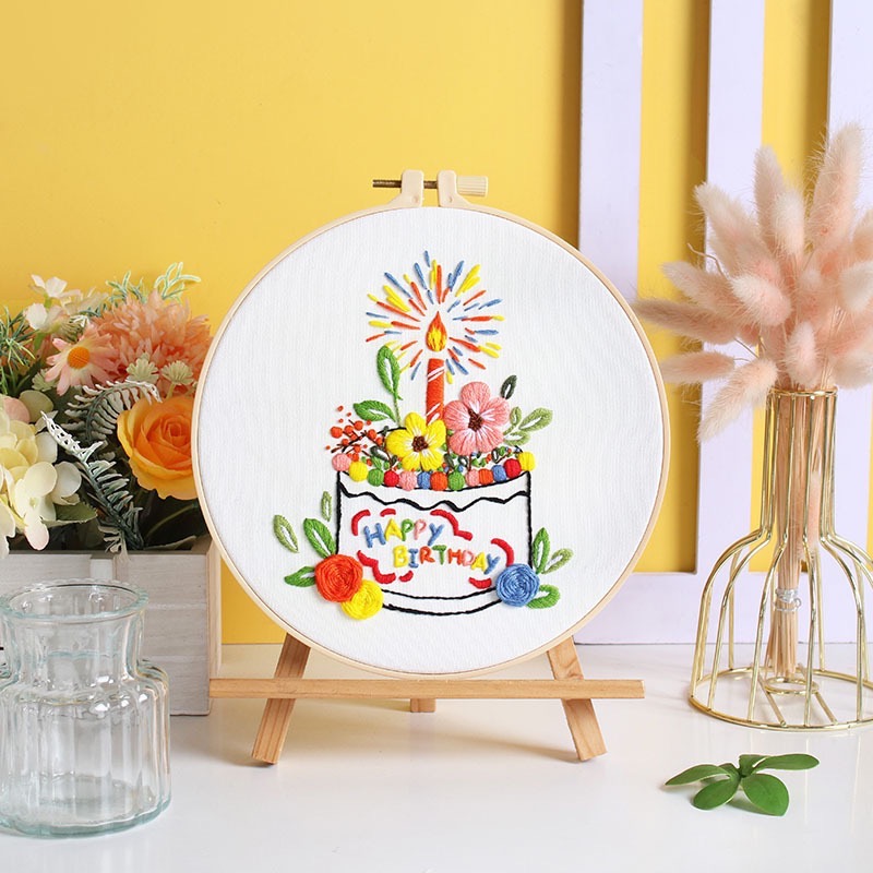 原創新款生日快樂 手工刺繡diy材料包 生日蛋糕蠟燭煙花祝願-規格圖5