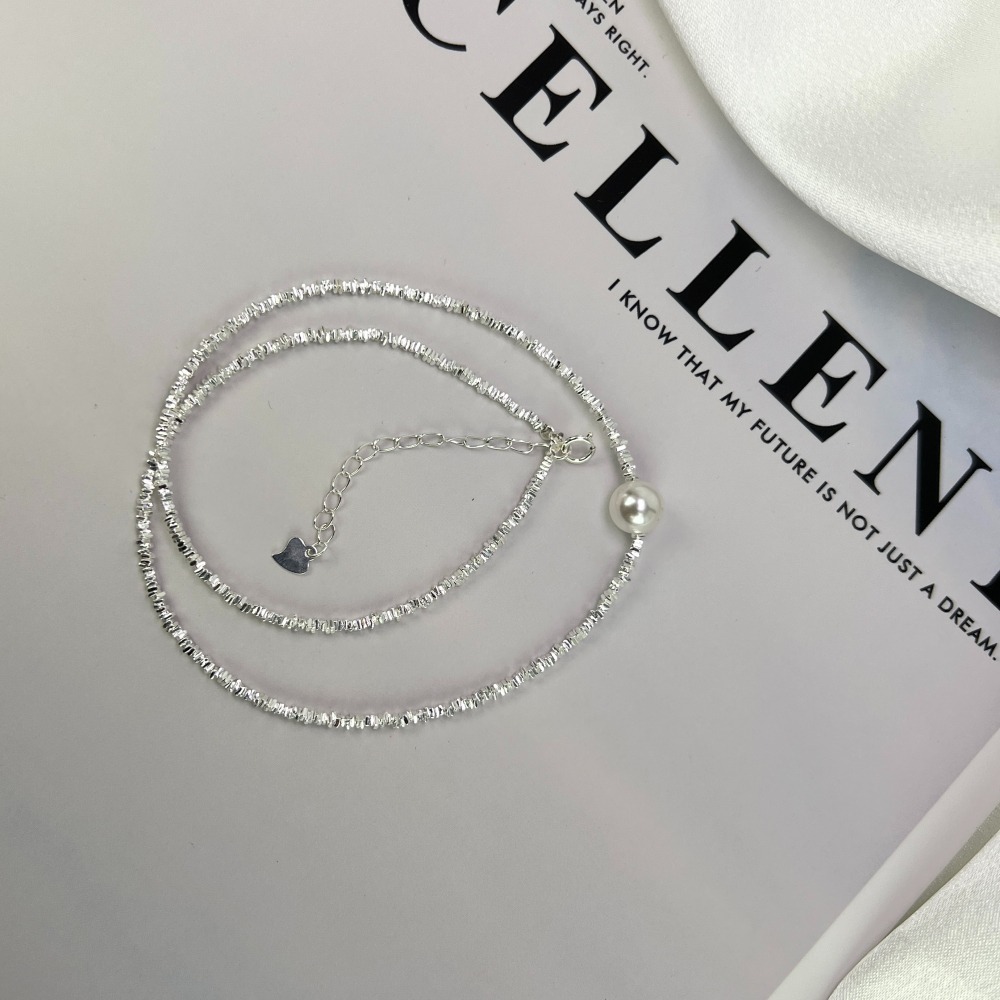 ||董飾 純銀飾品|| 925純銀-碎銀 貝珠 百搭 純銀項鍊-細節圖2