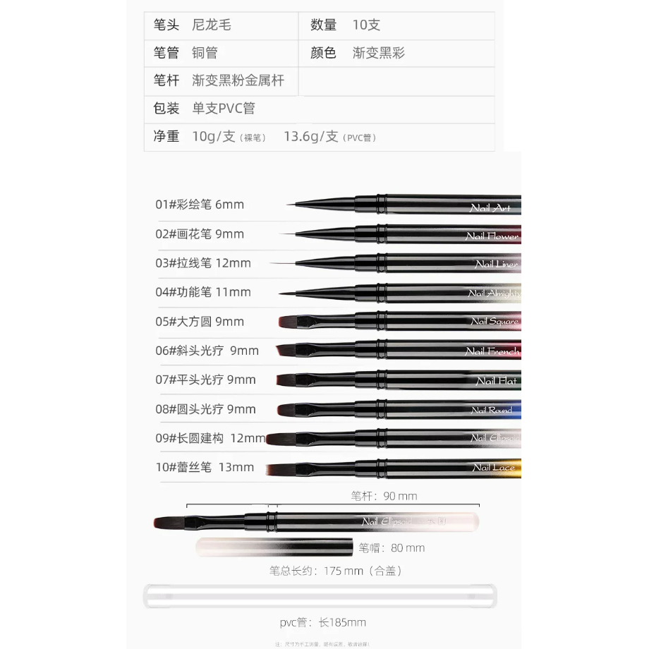 【豆蔻】 漸變金屬杆美甲筆刷套裝 .畫花彩繪拉線筆圓頭功能筆-細節圖2