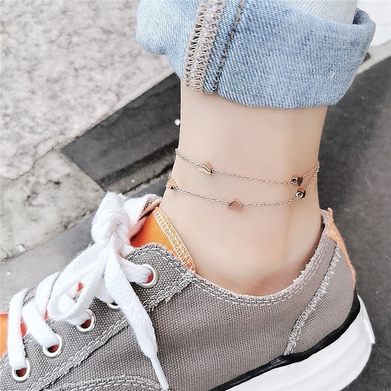 甜蜜心 鈦鋼腳鍊 玫瑰金腳鍊 醫療鋼腳鍊 雙層腳鏈 交換禮物 生日禮物 抗過敏腳鍊 不退色腳鍊 愛心腳鍊-細節圖4