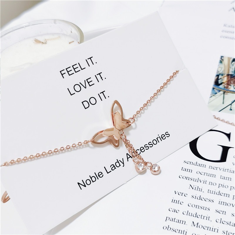 飛舞 鈦鋼腳鍊 玫瑰金腳鍊 醫療鋼腳鍊 雙層腳鏈 交換禮物 生日禮物 抗過敏腳鍊 不退色腳鍊 蝴蝶腳鍊-細節圖2