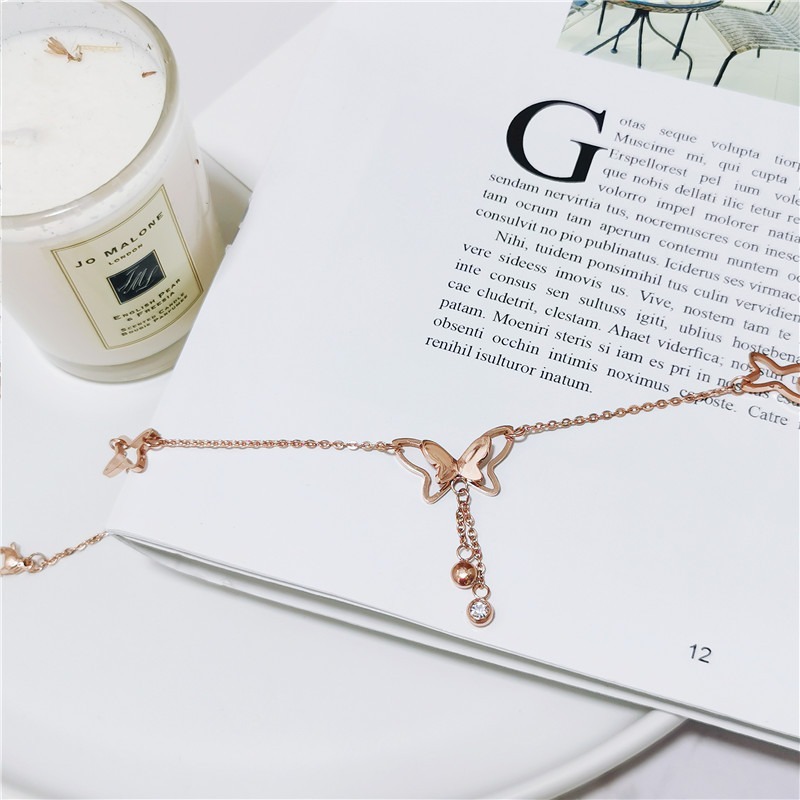 飛舞 鈦鋼腳鍊 玫瑰金腳鍊 醫療鋼腳鍊 雙層腳鏈 交換禮物 生日禮物 抗過敏腳鍊 不退色腳鍊 蝴蝶腳鍊-細節圖4