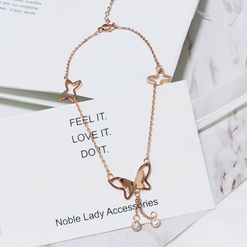 飛舞 鈦鋼腳鍊 玫瑰金腳鍊 醫療鋼腳鍊 雙層腳鏈 交換禮物 生日禮物 抗過敏腳鍊 不退色腳鍊 蝴蝶腳鍊-細節圖8