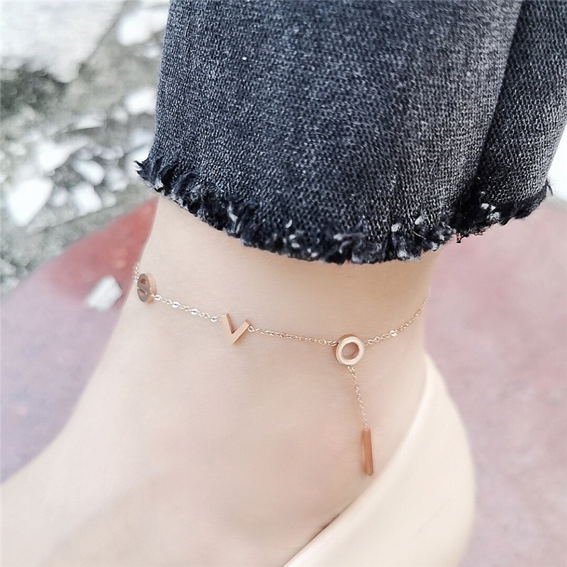 LOVE 鈦鋼腳鍊 玫瑰金腳鍊 醫療鋼腳鍊 雙層腳鏈 交換禮物 生日禮物 抗過敏腳鍊 不退色腳鍊 愛心腳鍊-細節圖3