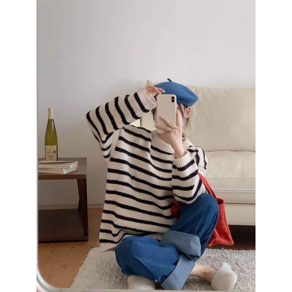 韓系簡約橫條軟毛衣-細節圖3