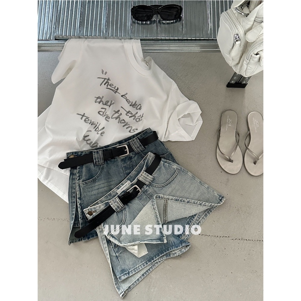 刷色牛仔裙（附皮帶）-細節圖3