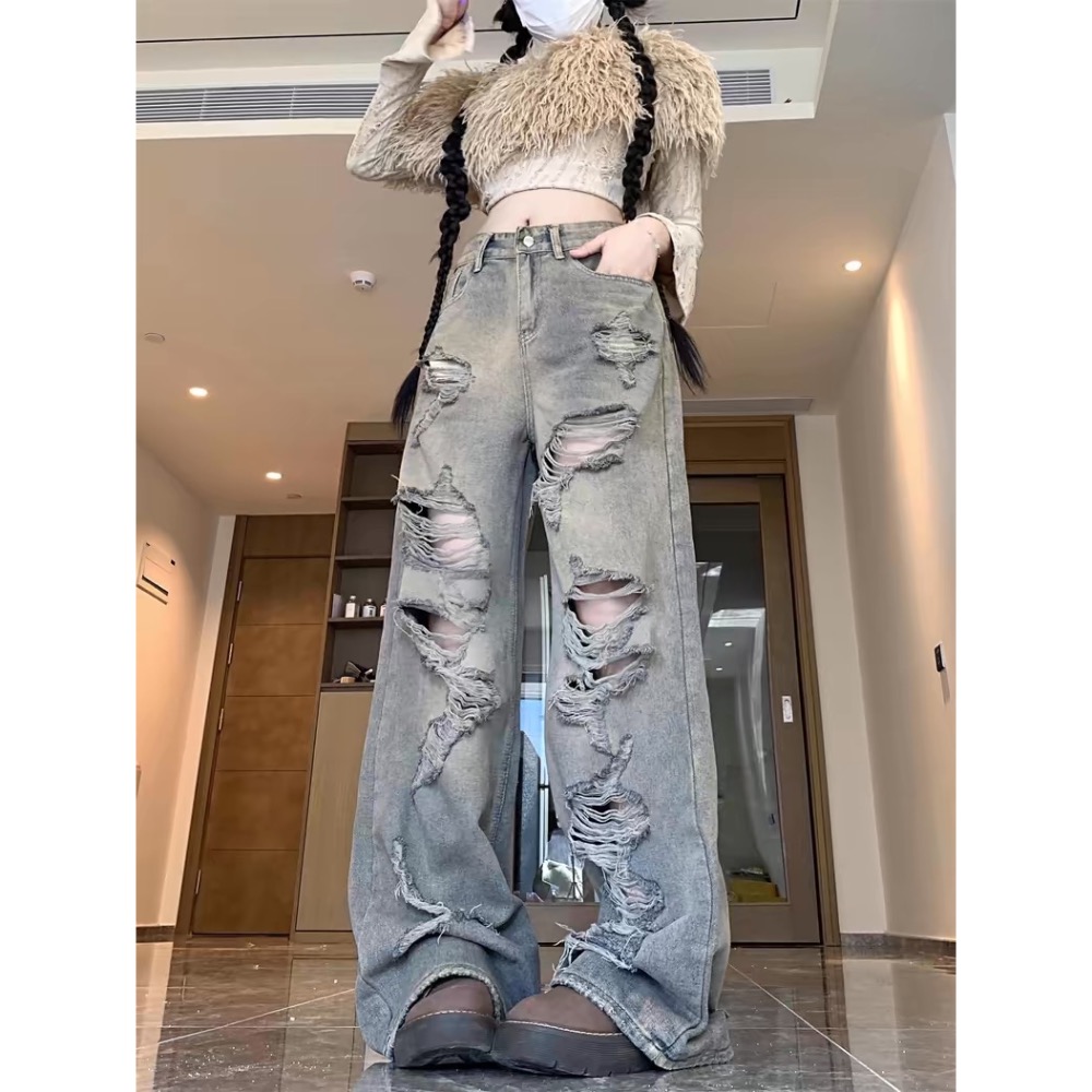 復古做舊破洞牛仔褲-細節圖2