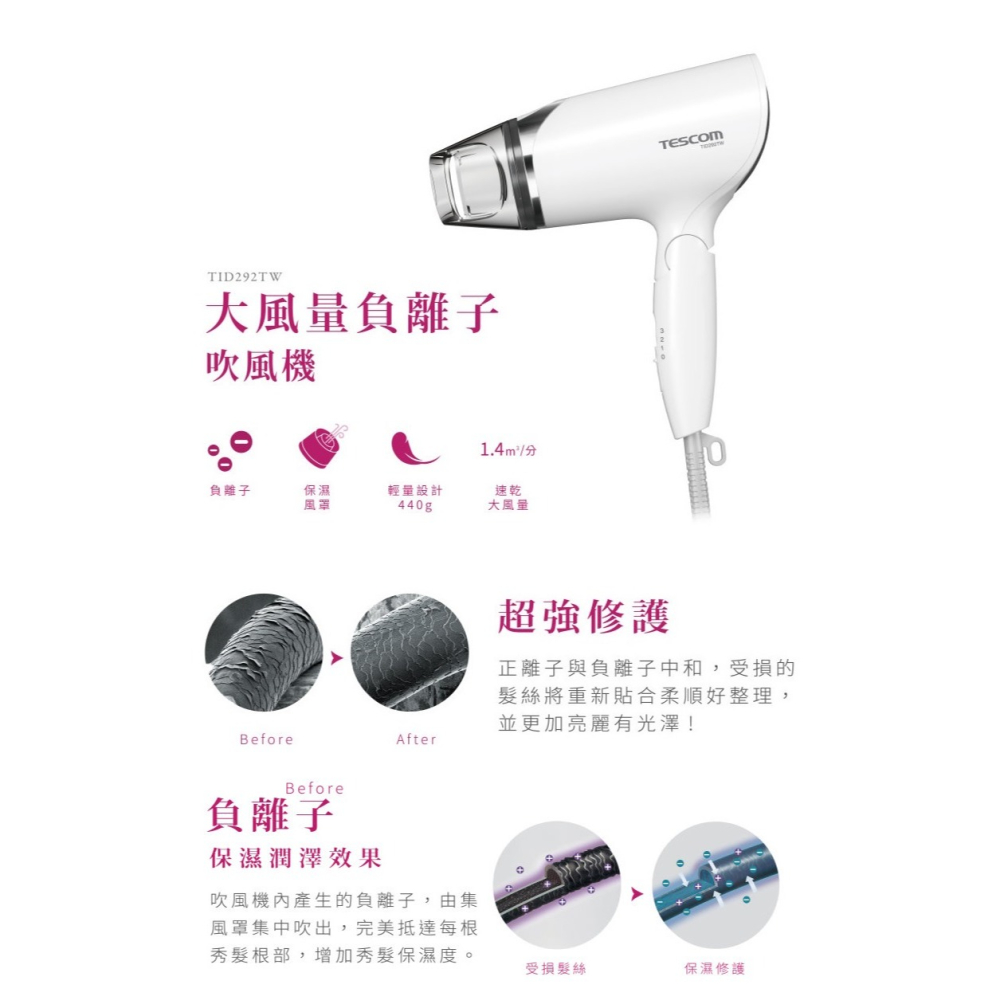 TESCOM TID292 TID292TW 292 官方指定經銷 負離子tid292 吹風機 大風量 可折-細節圖3