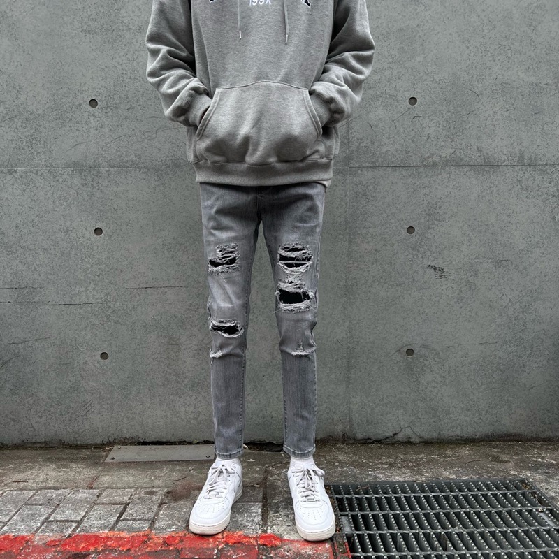 《JRCSTORE》🇰🇷韓國高質感彈性復古灰破壞牛仔褲 刷破 補丁 刷白 破壞 水洗灰 男女 版型修身 四季百搭-細節圖2