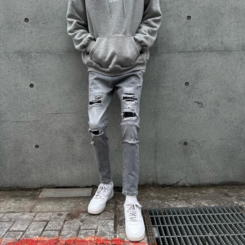 《JRCSTORE》🇰🇷韓國高質感彈性復古灰破壞牛仔褲 刷破 補丁 刷白 破壞 水洗灰 男女 版型修身 四季百搭-細節圖3