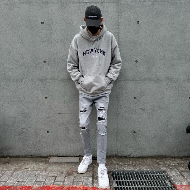 《JRCSTORE》🇰🇷韓國高質感彈性復古灰破壞牛仔褲 刷破 補丁 刷白 破壞 水洗灰 男女 版型修身 四季百搭-細節圖4