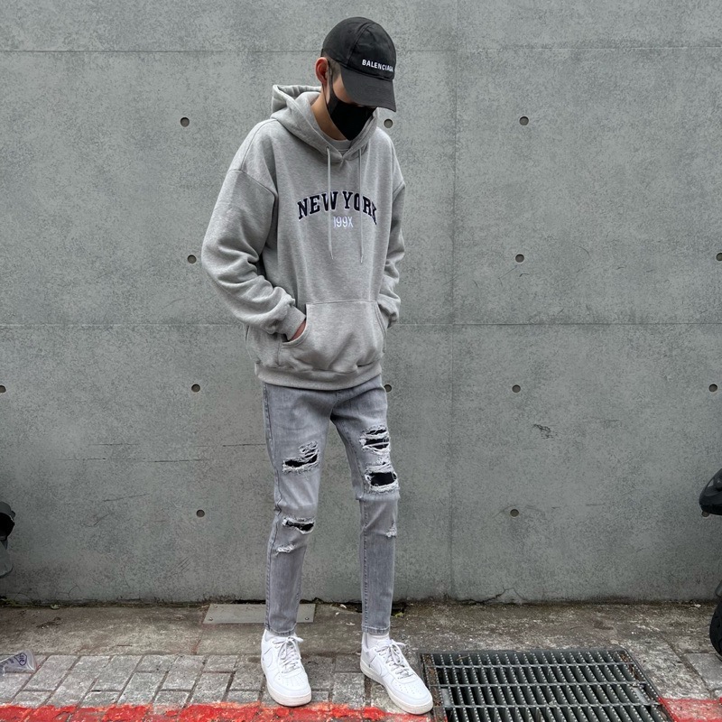 《JRCSTORE》🇰🇷韓國高質感彈性復古灰破壞牛仔褲 刷破 補丁 刷白 破壞 水洗灰 男女 版型修身 四季百搭-細節圖5