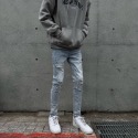 《JRCSTORE》🇰🇷韓國高質感彈性斜破壞牛仔褲 刷白 刷破 破洞 破壞 淺藍 男女 版型修身 四季百搭-規格圖9