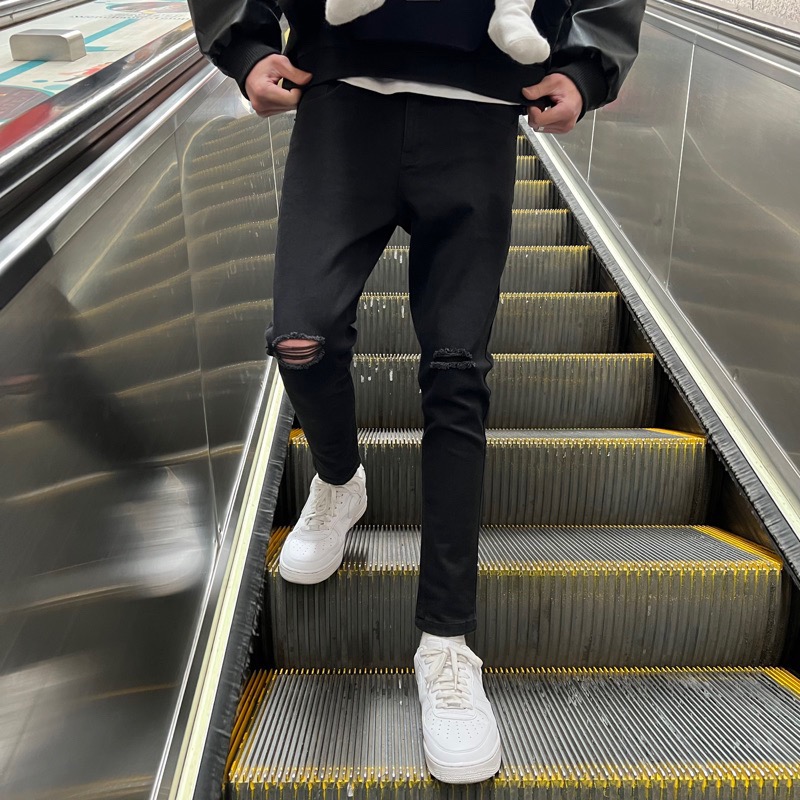 《JRCSTORE》🇰🇷韓國高質感雙刀割刷破牛仔長褲 素面 刀割 刷破 修身破褲 四季百搭 素黑 破壞 破洞-細節圖6