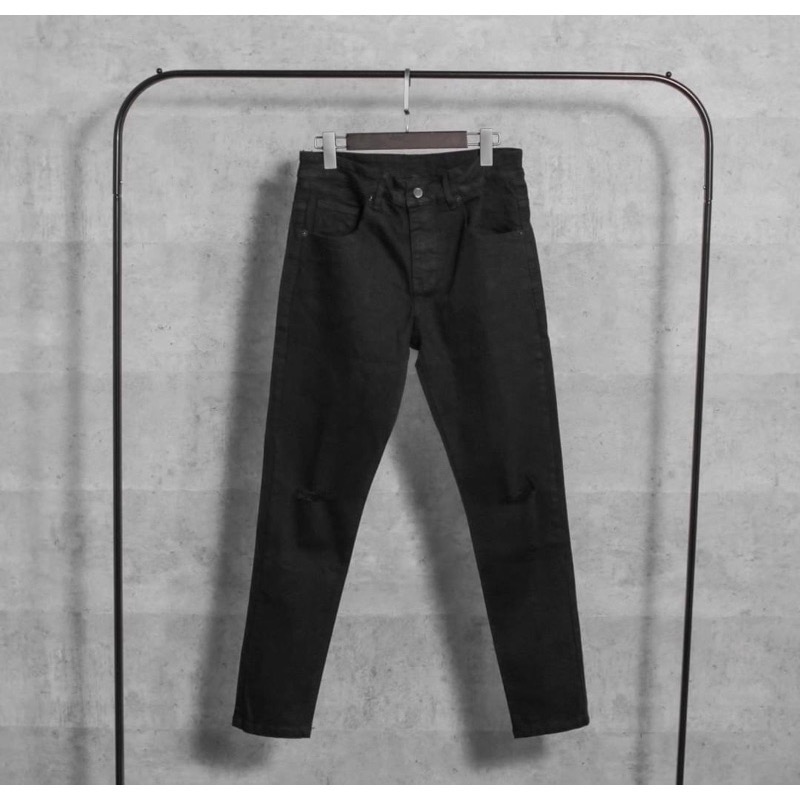 《JRCSTORE》🇰🇷韓國高質感雙刀割刷破牛仔長褲 素面 刀割 刷破 修身破褲 四季百搭 素黑 破壞 破洞-細節圖7