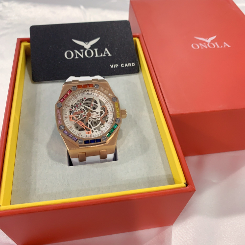 (2色可選)(Little bee小蜜蜂精品)ONOLA 彩色晶鑽 機械錶 半簍空八角橡膠錶