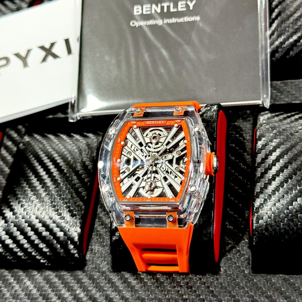 【賓利｜全新】現貨 BENTLEY 手錶 機械錶 男錶 簍空 酒桶錶 專櫃保固 橡膠錶｜Little Bee 小蜜蜂精品-細節圖2