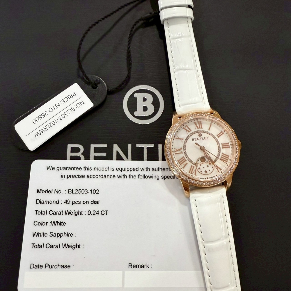 【賓利｜全新】現貨 BENTLEY 手錶 石英錶 女錶 日月相 真鑽 專櫃保固 皮錶｜Little Bee 小蜜蜂精品-細節圖2