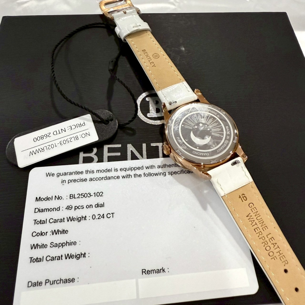 【賓利｜全新】現貨 BENTLEY 手錶 石英錶 女錶 日月相 真鑽 專櫃保固 皮錶｜Little Bee 小蜜蜂精品-細節圖4