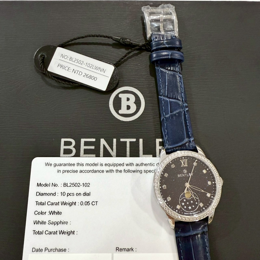 【賓利｜全新】現貨 BENTLEY 手錶 石英錶 女錶 日月相 真鑽 專櫃保固 皮錶｜Little Bee 小蜜蜂精品-細節圖2