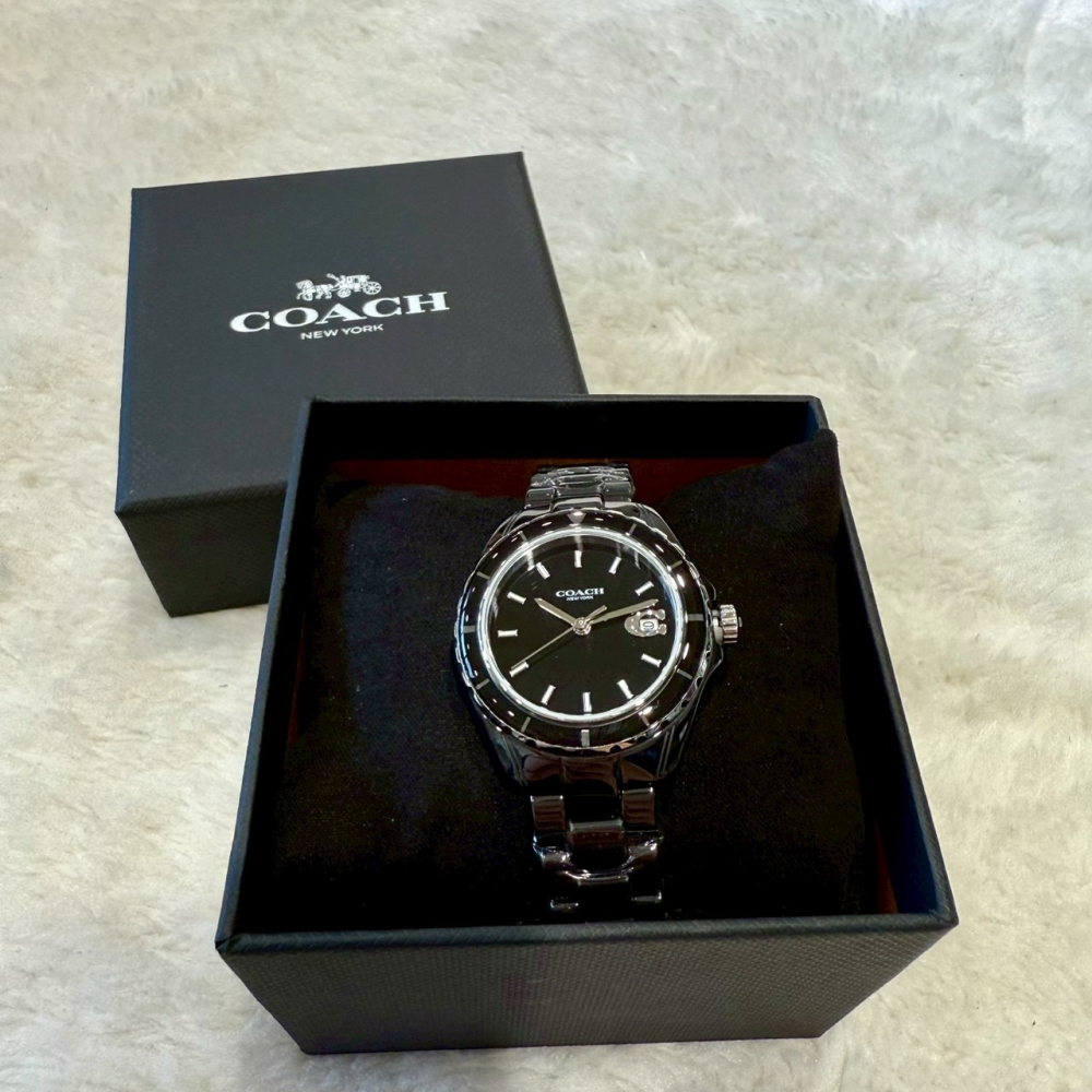 【蔻馳｜全新】現貨 COACH 手錶 石英錶 女錶 黑色 C字日期 陶瓷錶 送禮推薦｜Little Bee 小蜜蜂精品-細節圖2