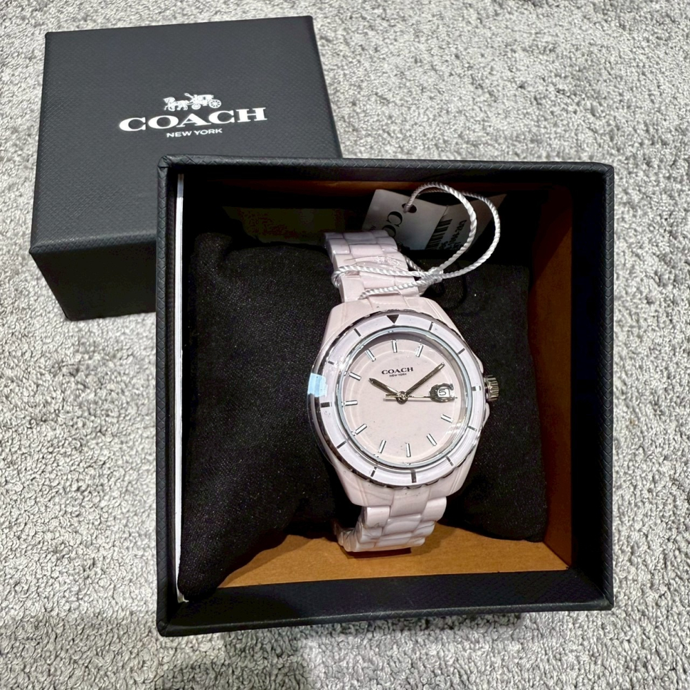 【蔻馳｜全新】現貨 COACH 手錶 石英錶 女錶 粉紫色 C字日期 陶瓷錶 送禮推薦｜Little Bee 小蜜蜂精品-細節圖2