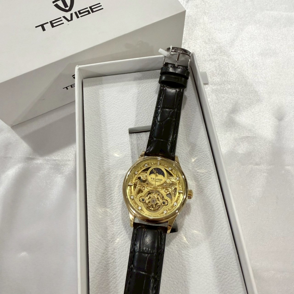 【特維斯｜全新】現貨 TEVISE 手錶 機械錶 男錶 日月相 花雕面 皮錶｜Little Bee 小蜜蜂精品-細節圖2
