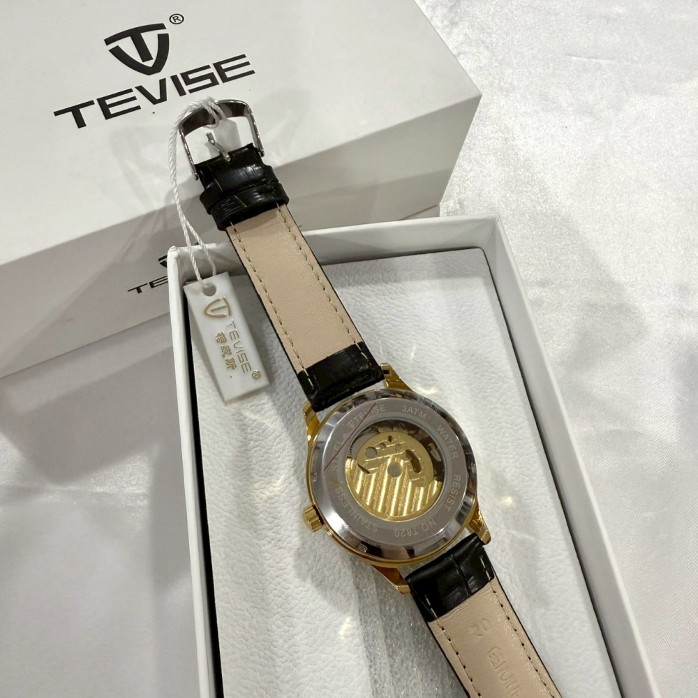 【特維斯｜全新】現貨 TEVISE 手錶 機械錶 男錶 日月相 花雕面 皮錶｜Little Bee 小蜜蜂精品-細節圖3