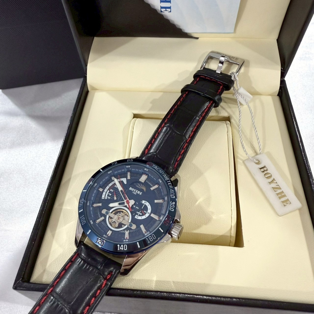 【伯哲｜全新】現貨 BOYZHE 手錶 機械錶 男錶 日月相 絕版款 皮錶｜Little Bee 小蜜蜂精品-細節圖2