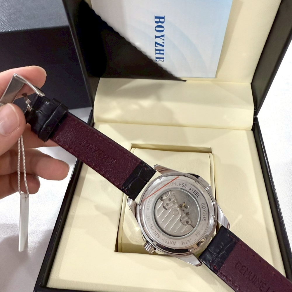 【伯哲｜全新】現貨 BOYZHE 手錶 機械錶 男錶 日月相 絕版款 皮錶｜Little Bee 小蜜蜂精品-細節圖3