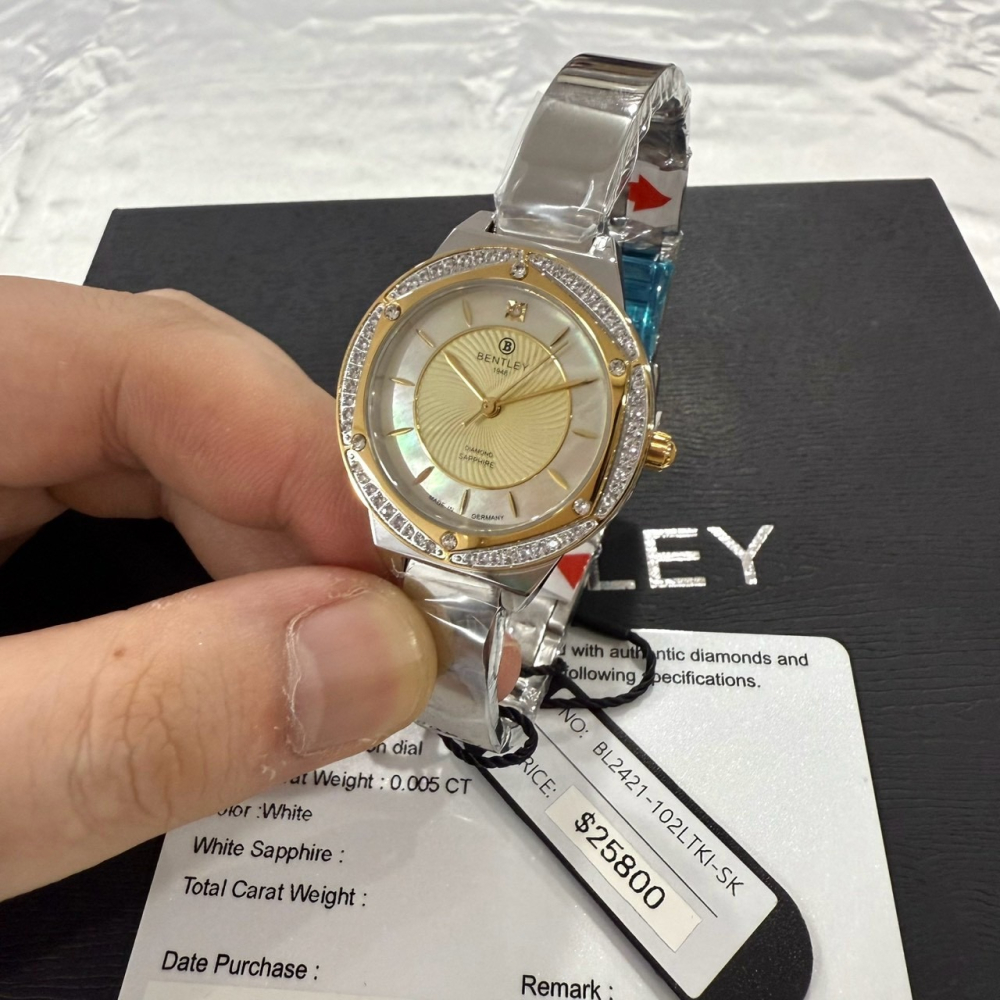 【賓利｜全新】現貨 BENTLEY 手錶 石英錶 女錶 黃貝面 單真鑽 專櫃保固 鋼錶｜Little Bee 小蜜蜂精品