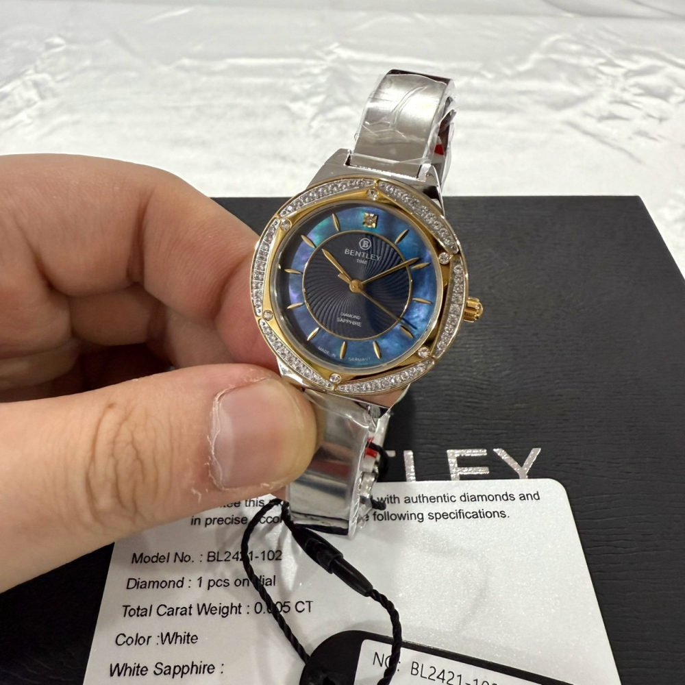 【賓利｜全新】現貨 BENTLEY 手錶 石英錶 女錶 藍貝面 單真鑽 專櫃保固 鋼錶｜Little Bee 小蜜蜂精品