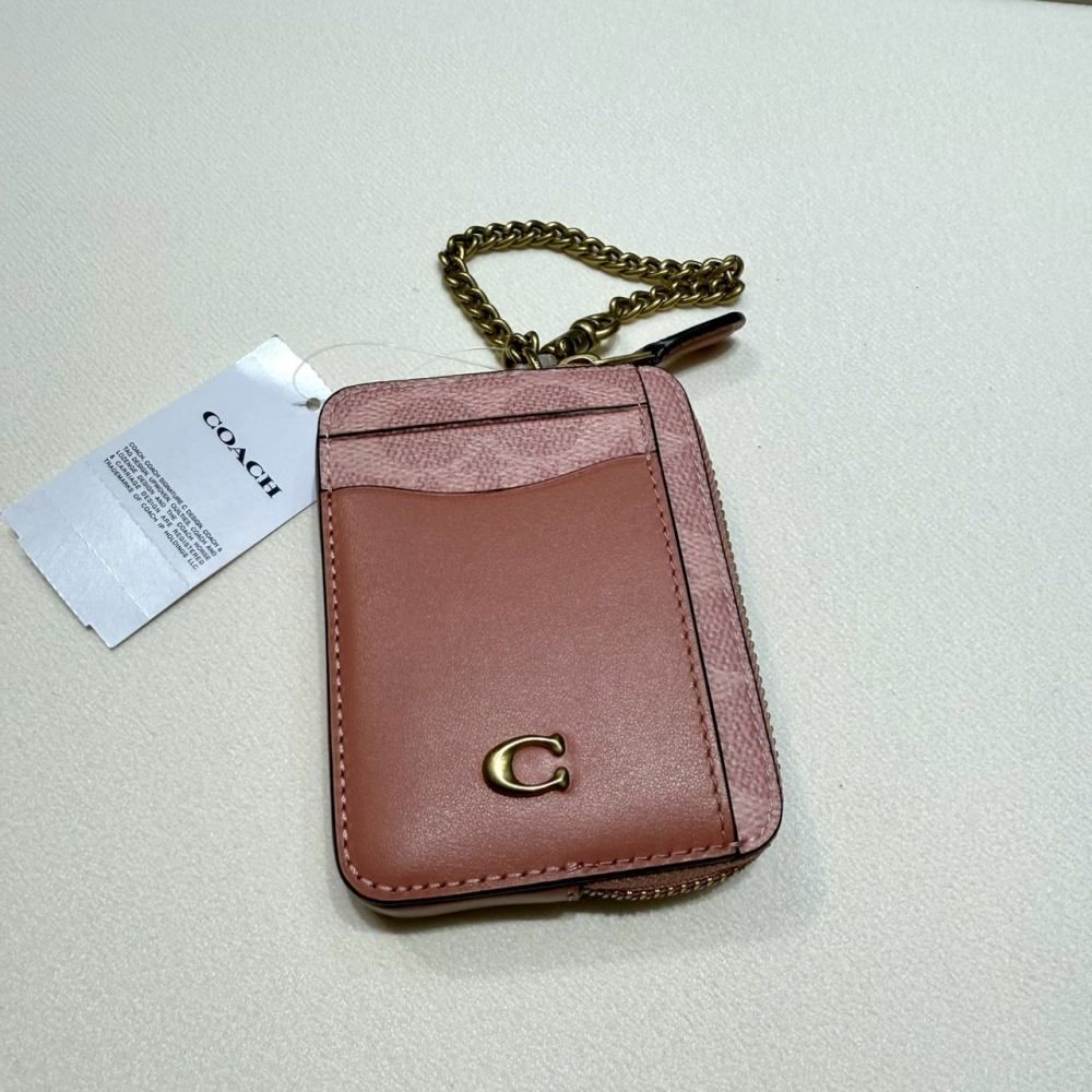 【蔻馳｜全新】現貨 COACH 錢包 零錢包 專櫃款 金標 老花拼粉色 鏈條 卡夾包｜Little Bee 小蜜蜂精品