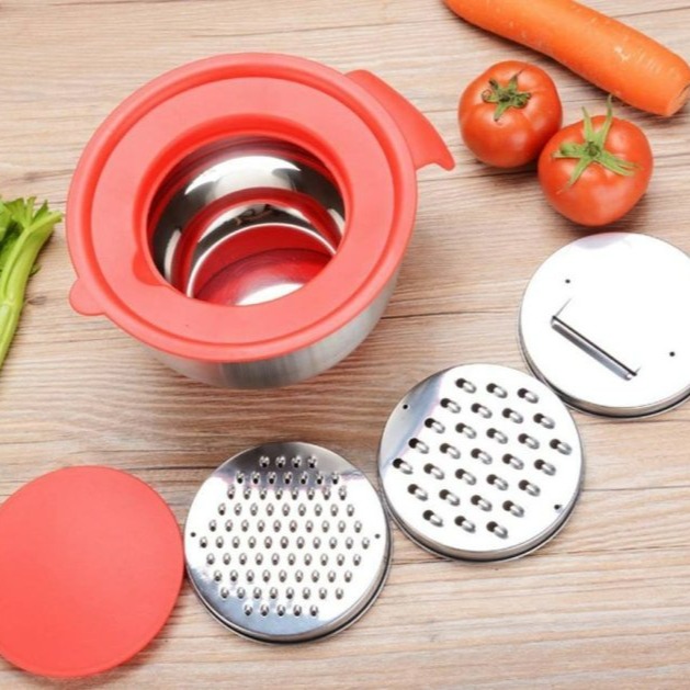 【嚴選SHOP】附防濺蓋+刨絲刀片 多功能打蛋盆套組 矽膠底不鏽鋼打蛋盆 帶手柄 底部防滑 單手打蛋【 K007】-細節圖5